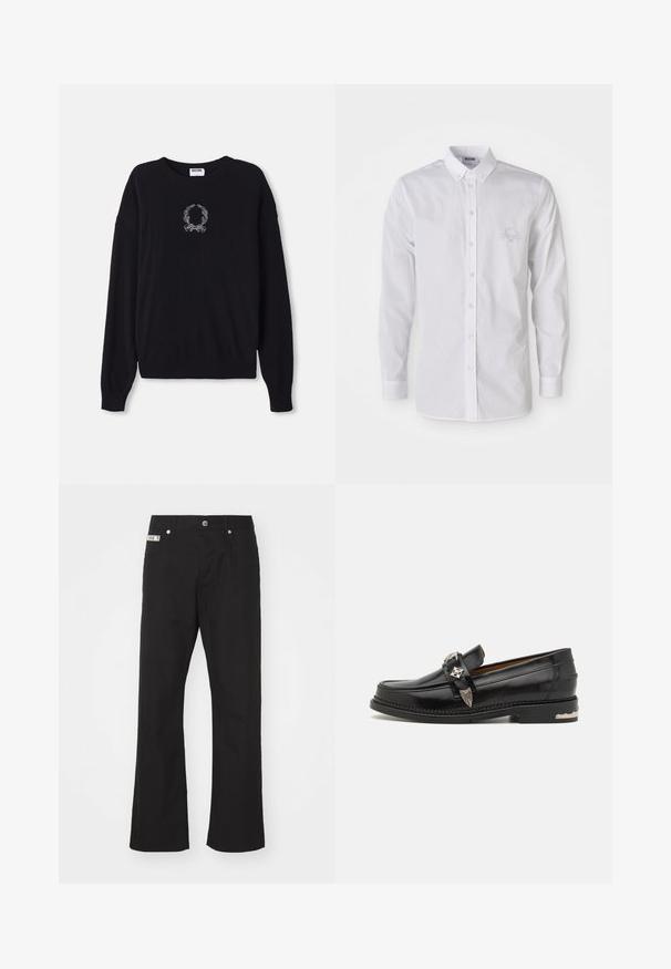 Zwarte trui met ronde hals, lange mouwen en ribgebreide manchetten. Heeft een wit geborduurd krans- en strikdesign op de voorkant.; Witte langemouwen button-up shirt met button-down kraag en subtiele geborduurde logo op de linkerborst.; Zwarte katoenen broek met een rechte pijpdesign, voorzien van een sluiting met een knoop aan de voorkant, twee zijzakken en een klein merklabel op de tailleband.; Zwarte leren loafer met zilveren decoratieve hardware, een moccasinstijl bovenwerk, gedetailleerde stiksels en een gestapelde hak.