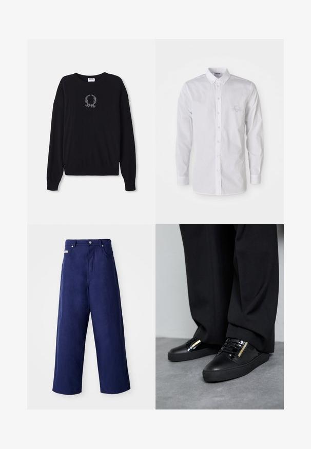 Schwarzer Pullover mit Rundhalsausschnitt, langen Ärmeln und gerippten Bündchen. Besitzt ein weißes, gesticktes Kranz- und Schleifendetail auf der Vorderseite.; Weißes Langarmhemd mit Knopfverschluss, Knopfkragen und dezent gesticktem Logo auf der linken Brust.; Weite Hosen in Marineblau, aus weichem Stoff gefertigt. Mit einem Knopfverschluss und Fronttaschen, in einem klaren Finish ohne sichtbare Muster.; Schwarze Ledersneakers mit glänzenden Akzenten, strukturierten Schnürsenkeln und einem Reißverschluss-Detail; kombiniert mit dunklen, locker sitzenden Hosen auf einem grauen Boden.