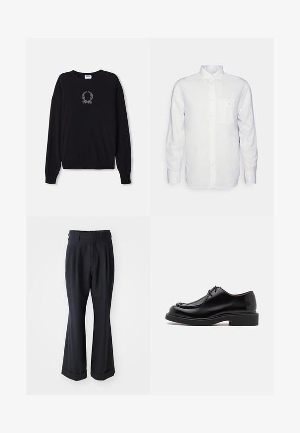 Schwarzer Pullover mit Rundhalsausschnitt, langen Ärmeln und gerippten Bündchen. Besitzt ein weißes, gesticktes Kranz- und Schleifendetail auf der Vorderseite.; Langärmliges, weißes Hemd aus Baumwolle mit Button-Down-Kragen, Fronttasche und normalem Schnitt. Strukturierter Stoff mit glatter Oberfläche.; Schwarze, maßgeschneiderte Hosen mit lockerer Passform, gefaltetem Vorderteil und weitem Bein. Mit einem umgeschlagenen Saum und glattem Stoffgefühl.; Schwarzer Lederschuh mit runder Zehenform, gesteppten Details, minimalen Schnürsenkeln und dicker Gummisohle für Traktion und Langlebigkeit.