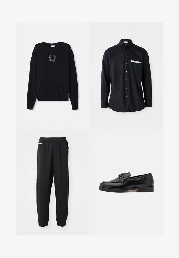 Schwarzer Pullover mit Rundhalsausschnitt, langen Ärmeln und gerippten Bündchen. Besitzt ein weißes, gesticktes Kranz- und Schleifendetail auf der Vorderseite.; Schwarzes Langarm-Hemd mit Knopfverschluss und Kragen, ausgestattet mit einer silbernen Borten-Taschedetail. Glatte Stoffqualität, klassische Passform und Knopfleiste.; Schwarze Jogginghose aus weichem Stoff, mit einem elastischen Bund, seitlichen Taschen und gerippten Bündchen an den Knöcheln. Minimalistisches Design.; Schwarze Leder-Lederschuhe mit abgerundeter Zehenpartie und dekorativem Schnallenakzent. Flacher, solider Absatz und durchgehend glatte Oberfläche.