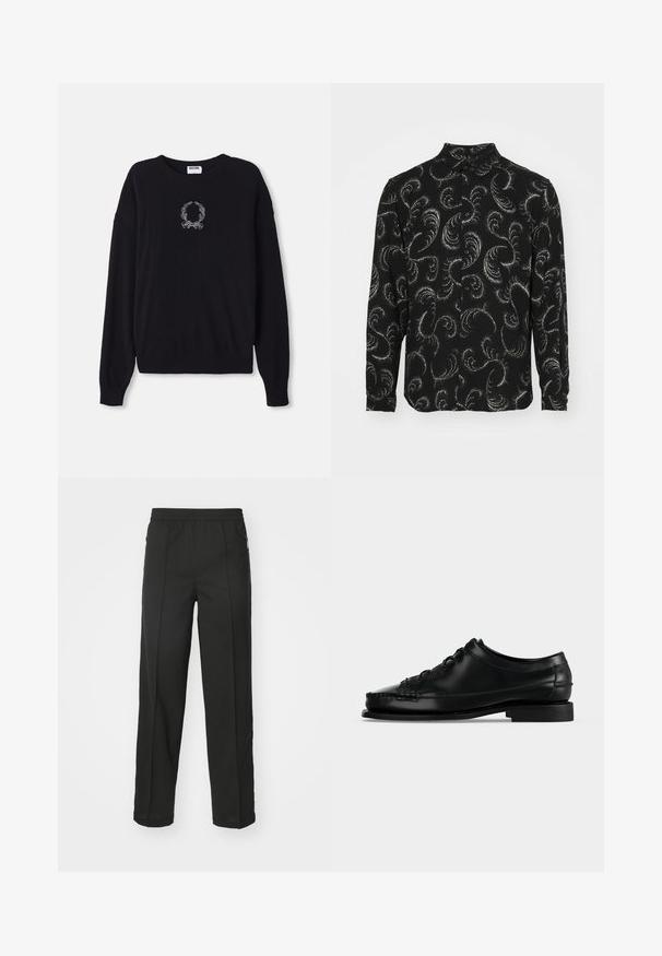 Pull noir à col rond, à manches longues et avec des poignets côtelés. Présente un motif brodé de couronne et de nœud blancs sur le devant.; Chemise noire à boutons avec des motifs en paisley blancs tourbillonnants, manches longues et col classique, fabriquée en tissu léger.; Pantalons noirs en tissu extensible, à coupe droite, avec poches zippées sur les côtés et texture lisse sans motifs visibles.; Chaussure habillée noire en cuir à lacets, talon bas et coutures moc toe, vue de profil gauche sur fond uni.