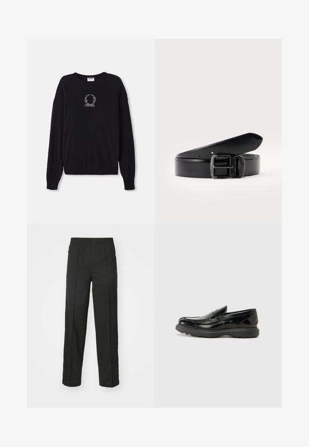 Sort sweater med rund hals, lange ærmer og ribbede manchetter. Har et hvidt broderet krans og sløjfedesign på forsiden.; Sorte bukser lavet af strækbart stof, med lige snit, sidelommer med lynlås og en glat tekstur uden synlige mønstre.; Sort læderloafer med en blank finish, rund tå, subtile syninger og en tyk gummisål for holdbarhed.; Sort læderbælte rullet med en sort metalspænde, sat mod en ensartet lys baggrund.