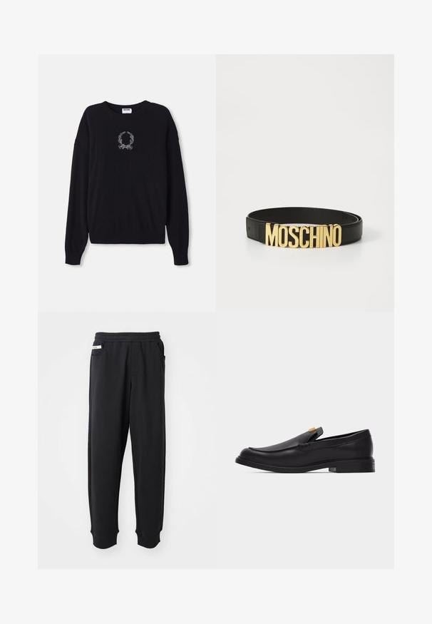 Must mustre, mille varrukate ja soonikkätikutega. Ees on valge tikandiga pärg ja kaar.; Must have pehmed mustamisk kangast, elastse vöökoha, külgtaskute ja soonikkinnastega pahkluude juures. Minimalistlik disain.; Mustast nahast libisevad loafers-id ümarate varvaste, madala kontsa ja kuldse aktsendiga pealispinnal, valge tausta ees.; Must kollane nahkvöö, millel on suur kuldne "MOSCHINO" logo pandla, sile tekstuur, reguleeritav suurus ja minimalistlik disain.