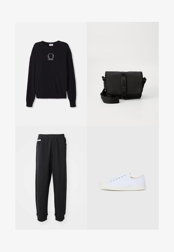 Sort sweater med rund hals, lange ærmer og ribbede manchetter. Har et hvidt broderet krans og sløjfedesign på forsiden.; Sorte sweatpants lavet af blødt stof, med elastisk talje, sidelommer og ribbede manchetter ved anklerne. Minimalistisk design.; Hvide lærredssko med rund tå, gummikappe og flad sål. Har metaløjer og et enkelt snørebånddesign.; Sort nylon crossbody taske med en klap, prydet med en fremtrædende logo-rem lukning, justerbar rem og sidelægninger.