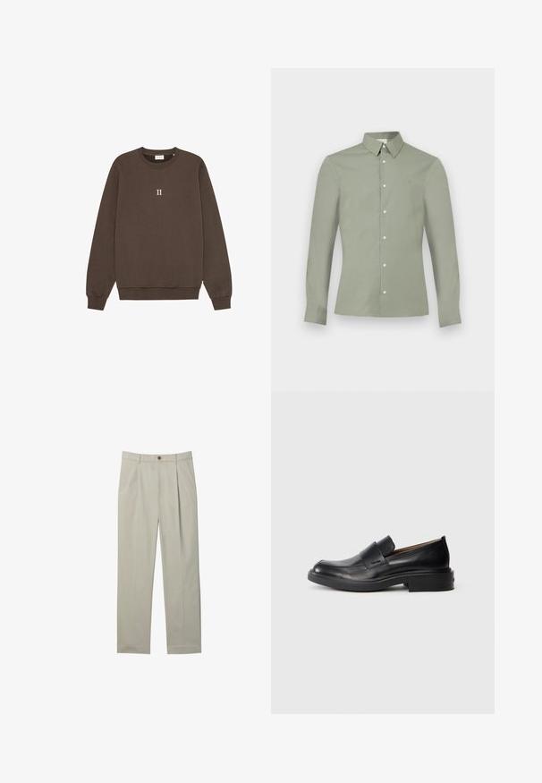Brun sweatshirt lavet af bomuld, med rund hals, ribbede håndled og et lille "II" logo centreret på brystet. Blød tekstur.; Lysegrøn skjorte med lange ærmer, knaplukning på kraven og hvide knapper, vist på en ensartet hvid baggrund.; Lyse beige skræddersyede bukser med forreste læg, sidelommer, bæltestropper og knaplukning på hvid baggrund.; Sorte læder slip-on dress sko med lav hæl og subtil Calvin Klein logo på siden, vist i profil på en hvid baggrund.