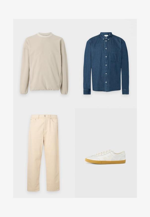 Sweatshirt en polaire beige clair avec un col rond, des poignets élastiques et une poche frontale. Texture douce, coupe décontractée et design minimaliste.; Chemise en denim bleu foncé boutonnée, manches longues, une poche avant à gauche et un col boutonné, présentée sur fond blanc.; Jean beige à coupe droite avec fermeture à bouton et glissière, passants pour ceinture et poches avant sur un fond uni.; Baskets en cuir blanc à texture lisse, avec un logo "V" beige, un bout rond, un design à lacets et une semelle en caoutchouc gomme.