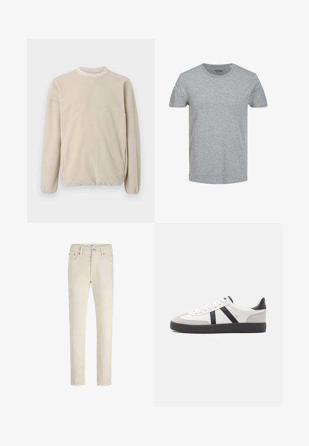 Sweatshirt en polaire beige clair avec un col rond, des poignets élastiques et une poche frontale. Texture douce, coupe décontractée et design minimaliste.; T-shirt gris à manches courtes en coton doux. Doté d'un col ras du cou classique et d'une coupe régulière. Design simple sans motifs ni accents.; Pantalon en denim beige avec coupe droite, cinq poches, bouton en métal et texture subtile. Style simple et polyvalent.; Baskets blanches avec des accents noirs et gris, présentant un embout texturé gris, une semelle en caoutchouc noir et des lacets plats blancs. Design épuré, style minimaliste.
