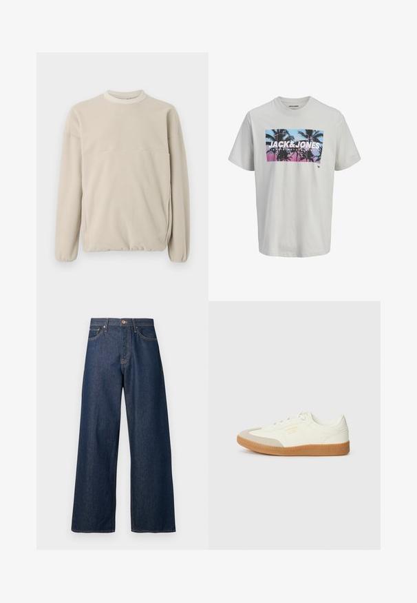 Sweatshirt en polaire beige clair avec un col rond, des poignets élastiques et une poche frontale. Texture douce, coupe décontractée et design minimaliste.; T-shirt blanc à manches courtes avec un imprimé de palmiers en bleu et rose coucher de soleil sur le devant, grand texte JACK & JONES sur la poitrine.; Jean à jambes larges en denim foncé avec surpiqûres orange, doté de cinq poches, d'une fermeture à boutons sur le devant et d'une silhouette droite.; Baskets en cuir blanc avec une coque beige et une semelle en caoutchouc marron clair. Dotées de lacets blancs plats et d'un logo embossé sur le côté.