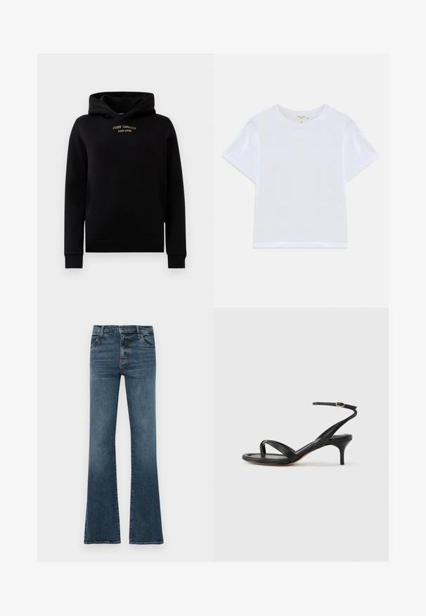 Sort hættejakke lavet af blødt stof, med en frontlomme, ribbede manchetter og et guld broderet logo på brystet.; Hvid cropped t-shirt lavet af blødt bomuld, med rund hals og korte ærmer og en let løs pasform. Ingen mønstre eller accenter.; Flared blå jeans lavet af denim. Har fem lommer, bæltestropper, lynlås og en let falmet finish. Lige pasform til knæene.; Sort damesandal i læder med tynde remme, en tå-loop, ankelspænde og en mellemhøj stiletthæl på en neutral baggrund.