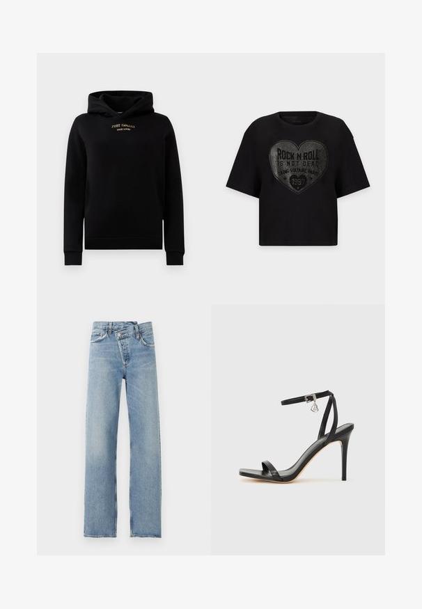 Sudadera negra de tejido suave, con un bolsillo frontal, puños acanalados y un logo bordado en dorado en el pecho.; Camiseta negra de manga corta con un gran diseño de tachuelas plateadas en forma de corazón y la frase "Rock n Roll is not dead" centrada en la parte delantera.; Pantalones vaqueros de mezclilla azul claro con corte recto, cintura alta, cinco bolsillos y cierre de botones con un detalle asimétrico en la pretina.; Sandalia de tacón alto negra con una estrecha correa en el tobillo, punta cuadrada, material de cuero liso y detalle de hebilla metálica.