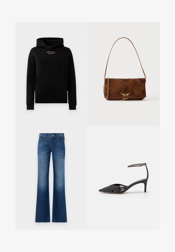 Sort hættejakke lavet af blødt stof, med en frontlomme, ribbede manchetter og et guld broderet logo på brystet.; Bredbukser i mørkeblåt denim med en glat overflade, fem-lomme design, frontknaplukning og subtilt slid nær kanten.; Sort læder højhælet sko med spids tå, åbne sider og en tynd ankelrem med en lille guld detalje.; Brun ruskind- og læderskuldertaske med guldkæde-strop og vingeemblem på frontklappen mod en ensfarvet lys baggrund.