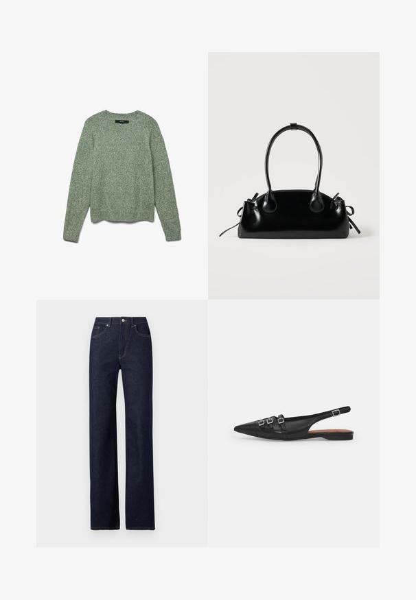 Pull en tricot vert clair texturé avec un col rond, des manches longues et un ourlet côtelé. Présente une coupe décontractée et un motif subtil sur l'ensemble.; Jeans en denim bleu foncé avec une coupe droite, style classique à cinq poches, couture visible et fermeture à bouton à l'avant.; Chaussure plate noire en cuir avec un bout pointu, dotée de deux lanières horizontales et de boucles carrées en argent, avec un faible talon et une texture lisse.; Petit sac à main noir brillant avec deux longues anses et des détails à cordon sur les côtés sur un fond clair uni.