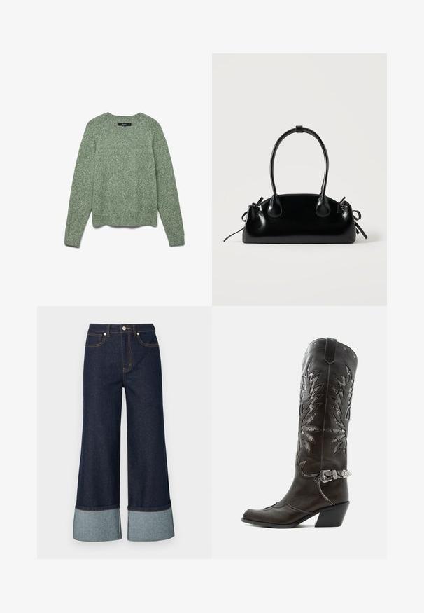 Pull en tricot vert clair texturé avec un col rond, des manches longues et un ourlet côtelé. Présente une coupe décontractée et un motif subtil sur l'ensemble.; Jeans évasés en denim foncé, dotés d'un revers en denim clair. Le design comprend des poches avant et des détails de surpiqûres contrastantes.; Botte de cowboy en cuir noir avec découpes décoratives, boucle argentée et talon incliné, présentée sur fond blanc.; Petit sac à main noir brillant avec deux longues anses et des détails à cordon sur les côtés sur un fond clair uni.