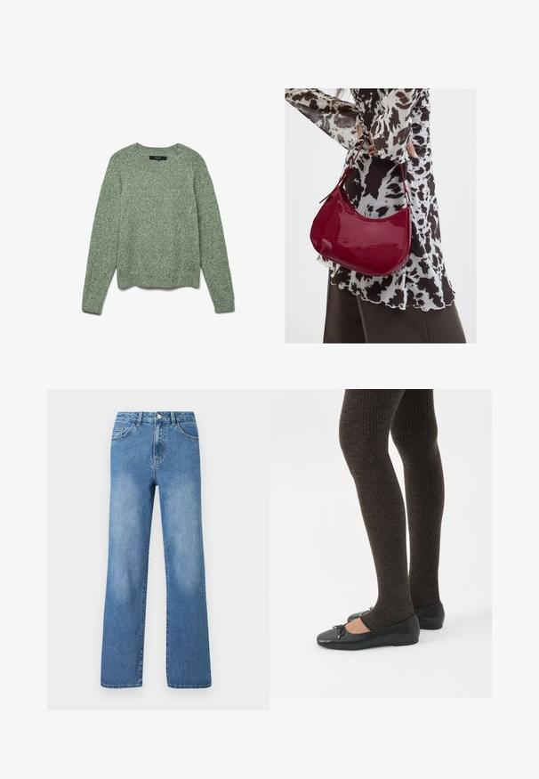 Pull en tricot vert clair texturé avec un col rond, des manches longues et un ourlet côtelé. Présente une coupe décontractée et un motif subtil sur l'ensemble.; Jeans en denim bleu clair avec une taille haute, un design à jambes larges, cinq poches et des détails de couture visibles. Texture lisse avec un léger délavage.; Jambes portant des leggings côtelés foncés associés à des ballerines noires avec de petits détails en nœud sur fond blanc.; Femme portant un chemisier à motif noir et blanc tenant un sac à main rouge brillant sur un fond uni.