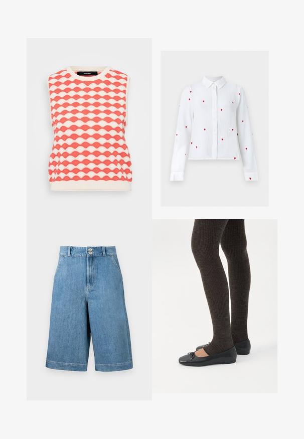 Gilet sans manches en tricot avec un motif en vagues en corail et crème. Le tissu a une finition texturée avec un col rond.; Blouse blanche à manches longues avec boutons, motifs de cœurs rouges brodés et col pointu, présentée sur un fond neutre.; Shorts en denim bleu taille haute à jambes larges, deux poches avant, passants de ceinture et fermeture à double bouton sur un fond uni.; Jambes portant des leggings côtelés foncés associés à des ballerines noires avec de petits détails en nœud sur fond blanc.