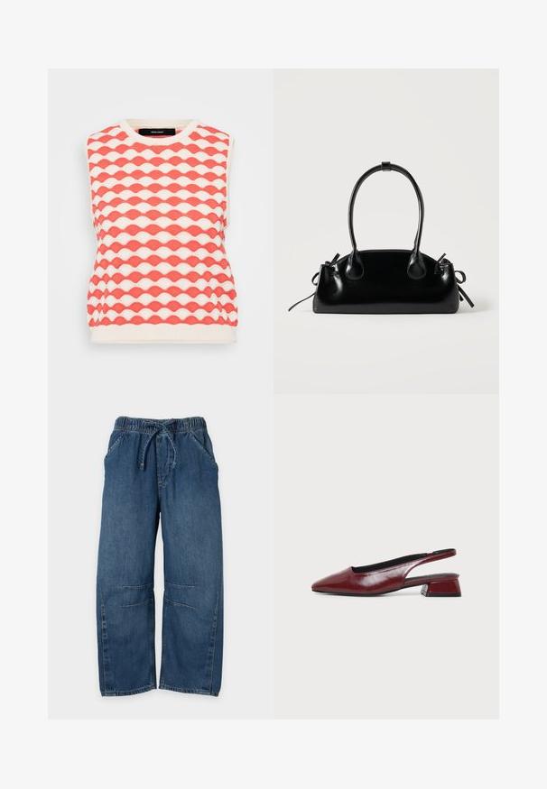 Gilet sans manches en tricot avec un motif en vagues en corail et crème. Le tissu a une finition texturée avec un col rond.; Pantalon en jean bleu avec taille élastique et cordon de serrage, jambes larges droites et détails de coutures à l'avant et aux genoux.; Chaussure slingback en cuir marron avec bout pointu et petit talon carré, vue de profil sur fond clair uni.; Petit sac à main noir brillant avec deux longues anses et des détails à cordon sur les côtés sur un fond clair uni.