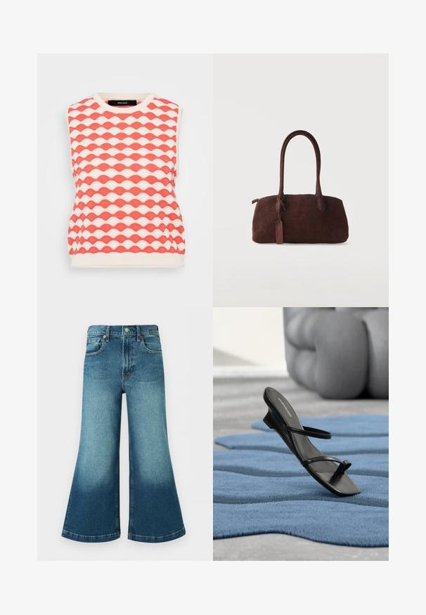 Gilet sans manches en tricot avec un motif en vagues en corail et crème. Le tissu a une finition texturée avec un col rond.; Jean en denim bleu à jambes larges avec taille haute, boutons à l'avant, passants pour ceinture et détails délavés sur les cuisses et le bas des jambes.; Sandale noire à brides avec boucle d’orteil exposée sur un tapis texturé bleu, avec un grand objet décoratif gris flouté en arrière-plan.; Sac à main en daim marron foncé avec deux longues anses et une petite étiquette attachée, sur un fond clair uni.