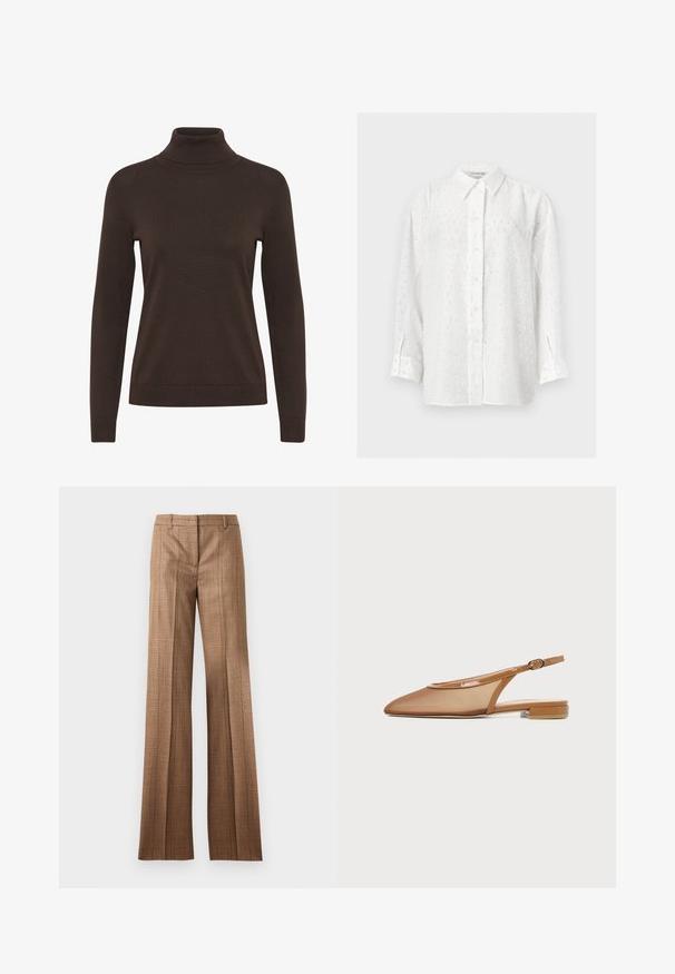 Pull à col roulé marron avec des manches longues, une coupe ajustée et une texture côtelée autour du col et des poignets.; Chemise blanche à manches longues boutonnée avec un motif subtil de sequins à pois et un col classique sur fond uni.; Pantalons droit à carreaux marron avec passants de ceinture et pli sur l'avant sur fond gris clair.; Chaussure plate marron à bride arrière avec bout pointu, dessus en mesh, finition vernie et petit talon bloc, vue de profil.