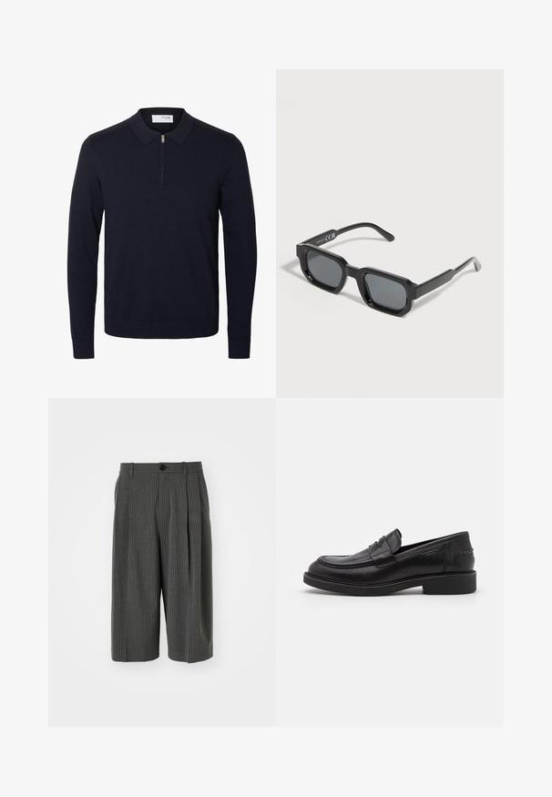 Marineblauwe trui met lange mouwen, een kraagje en een korte rits aan de voorkant, gemaakt van gebreide stof met geribde manchetten en zoom.; Grijze pinstriped wijde shorts met een knoopsluiting en geplooide voorkant. Gemaakt van een textiel met structuur, en heeft een tailored ontwerp.; Zwarte leren loafers met een ronde neus, ton-sur-ton stiksels en een banddetail aan de voorkant. Rubberen zool met een lage hak.; Zwarte rechthoekige zonnebril met dikke monturen en donker getinte glazen, schuin geplaatst op een witte achtergrond.