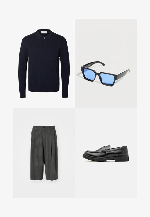 Marineblauwe trui met lange mouwen, een kraagje en een korte rits aan de voorkant, gemaakt van gebreide stof met geribde manchetten en zoom.; Grijze pinstriped wijde shorts met een knoopsluiting en geplooide voorkant. Gemaakt van een textiel met structuur, en heeft een tailored ontwerp.; Zwarte leren instapper met een brede band over de voet, rubberen zool met dikke noppen en een gladde textuur. Klassiek, strak ontwerp.; Zwarte rechthoekige zonnebril met blauw getinte glazen, schuin bekeken tegen een witte achtergrond.