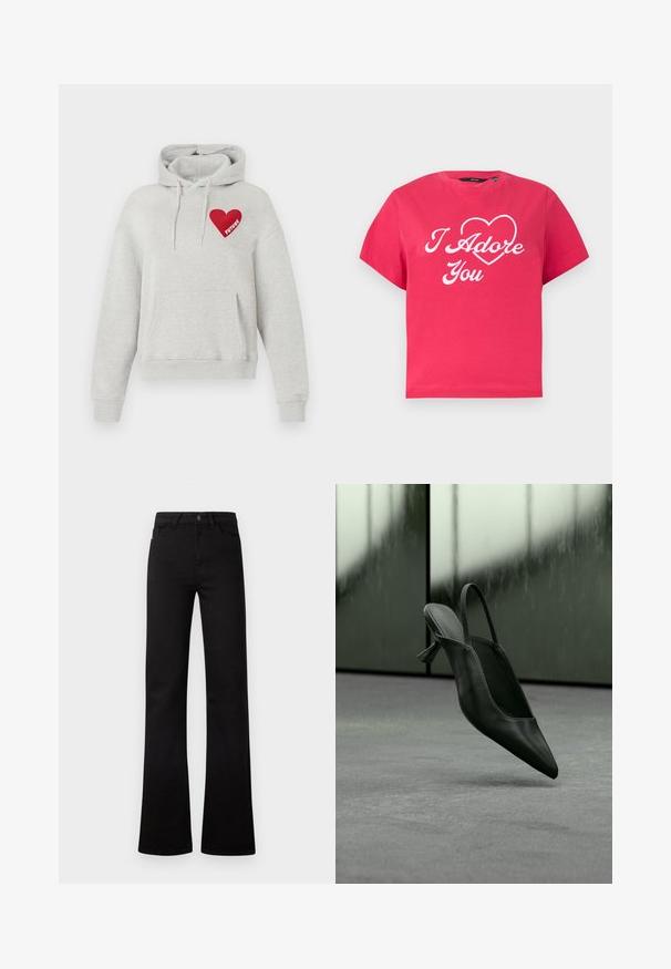 Haut à capuche gris clair avec poche avant, cordons de serrage, et graphique en forme de cœur rouge sur la poitrine avec le mot "FUTURE" à l'intérieur.; T-shirt rose vif à manches courtes avec texte en cursive blanche "I Adore You" et un cœur contouré sur la poitrine.; Jeans noirs à taille haute, jambes droites, avec poches avant, passants pour ceinture, fermeture par bouton, et ourlets légèrement évasés sur fond blanc.; Escarpin à talon haut en cuir noir avec bride arrière et bout pointu, flottant au-dessus d'un sol recouvert de moquette grise, mur verdâtre flou en arrière-plan.