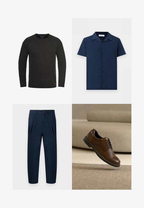 Sudadera negra de manga larga y cuello redondo hecha de una tela texturizada, con un pequeño parche marrón de la marca en la parte inferior derecha.; Camisa azul marino de manga corta con botones, cuello campestre y cinco botones delanteros, mostrada sobre un fondo blanco liso.; Pantalones azul marino a medida con trabillas para cinturón, botón frontal, cremallera y bolsillos laterales, mostrados extendidos sobre un fondo blanco.; Zapato de vestir de cuero marrón con suela y cordones negros parece flotar sobre una alfombra beige en un ambiente interior moderno y suavemente iluminado.