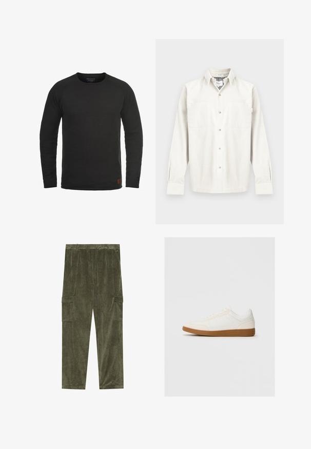 Sudadera negra de manga larga y cuello redondo hecha de una tela texturizada, con un pequeño parche marrón de la marca en la parte inferior derecha.; Camisa de pana de algodón en color blanco roto, con mangas largas, cierre frontal con botones, dos bolsillos en el pecho y un ajuste relajado con un sutil acanalado.; Pantalones cargo de pana de color verde oliva con textura de ribetes verticales, que cuentan con dos bolsillos laterales y una cinturilla elástica para mayor comodidad.; Zapatilla blanca con una puntera de ante, parte superior sintética suave y suela de goma marrón. Presenta perforaciones en los laterales para mayor transpirabilidad.