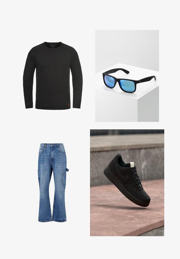 Sudadera negra de manga larga y cuello redondo hecha de una tela texturizada, con un pequeño parche marrón de la marca en la parte inferior derecha.; Pantalones cargo de mezclilla azul claro con pierna ancha, que cuentan con bolsillos de parche, un cierre de botón y cremallera, y un detalle de presillas en el lateral.; Zapatilla negra Nike Air Force 1 flotando sobre un borde de hormigón rosa con fondo de piedra gris, mostrando detalles laterales y superiores.; Gafas de sol rectangulares negras con lentes espejados azules. Presentan un acabado mate y el logo de Ray-Ban en las patillas.