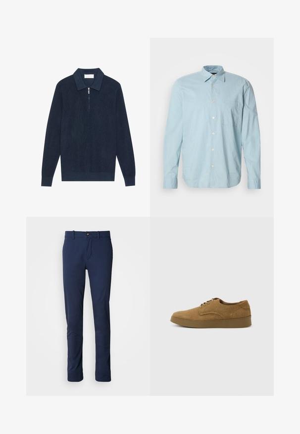 Mørk marineblå strikket langærmet polo shirt med ribbet tekstur og en kort sølv lynlås ved kraven.; Lyseblå ternet skjorte med lange ærmer, knap-ned krave, brystlomme og hvide knapper. Fremstillet af et glat stof.; Mørkeblå bukser lavet af glat stof, med design i lige ben, lynlås i front og en enkelt forlommmepose med knaplukning.; Brun ruskindslærredsko med snørebånd og flad gummisål, set fra siden på en ensfarvet lys baggrund.