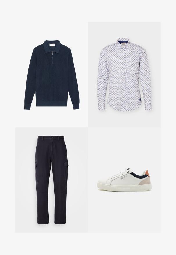Polo en tricot bleu marine foncé à manches longues avec une texture côtelée et une courte fermeture éclair argentée au col.; Chemise blanche à boutons avec motif floral géométrique bleu, manches longues et col standard.; Pantalons cargo bleu marine en mélange de coton, avec poches latérales, une coupe droite et des détails de couture visibles.; Baskets en cuir blanc avec un design bas, accent en tissu bleu marine sur le col et onglet de talon en daim rose pâle. Semelle en caoutchouc.