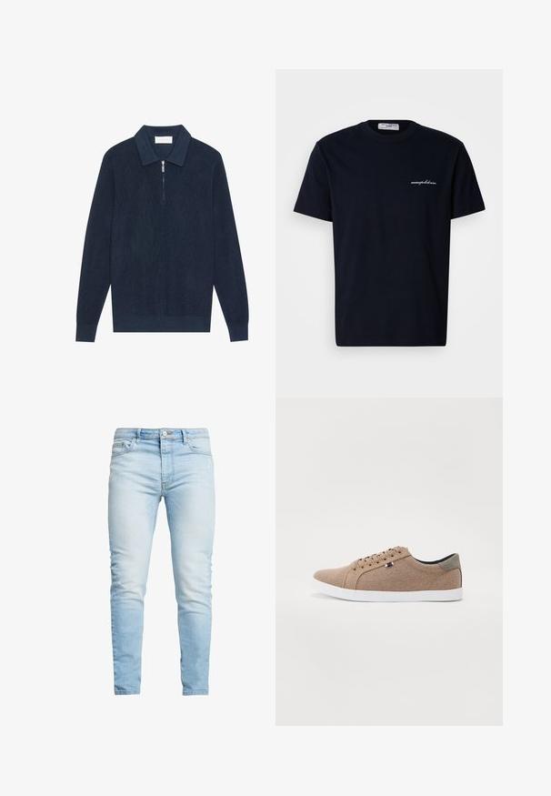 Mørk marineblå strikket langærmet polo shirt med ribbet tekstur og en kort sølv lynlås ved kraven.; Marineblå bomuld t-shirt med korte ærmer og rund hals, med en lille hvid broderet logo på venstre side af brystet.; Lysblå denimjeans med slim fit, som har høj talje og subtilt slid, knaplukning og fem-lomme design.; Beige lærreds sneakers med lavt design, hvid gummisål og runde snørebånd. Har et kontrasterende gråt hælrelief og logo detalje.