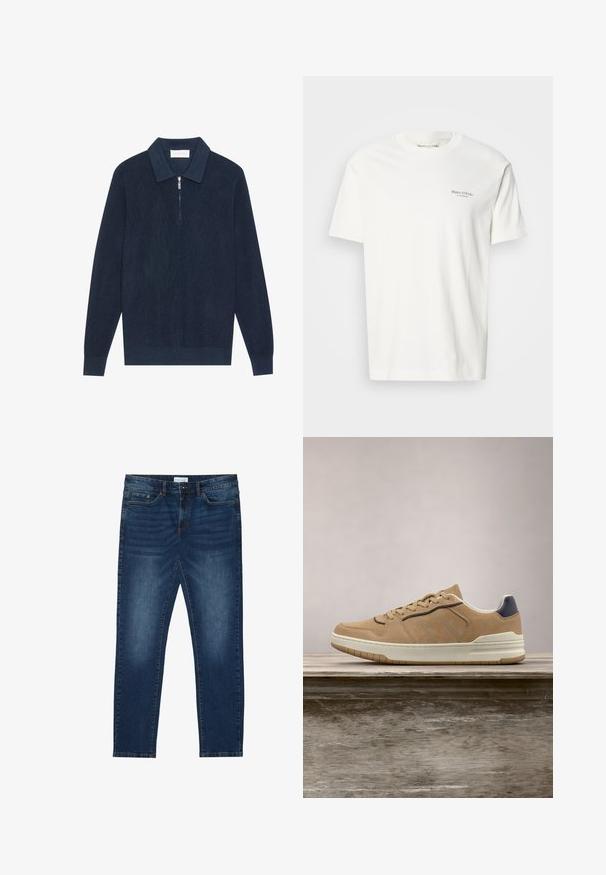 Mørk marineblå strikket langærmet polo shirt med ribbet tekstur og en kort sølv lynlås ved kraven.; Bomulds T-shirt med rund hals i off-white med korte ærmer. Har et lille gråt logo på brystet. Glat tekstur og klassisk pasform.; Mørkeblå slim-fit jeans med falmede detaljer, klassisk fem-lomme design, knappelukning og bæltestropper.; Beige ruskinds sneakers med hvid gummisål, featuring beige snørebånd, navy-blue accenter og perforerede detaljer på tåboksen.