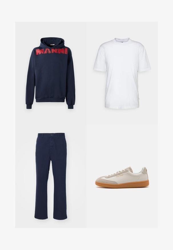 Sweat à capuche bleu marine en coton, avec une impression en coup de pinceau rouge du mot "MARNI" sur la poitrine, coupe décontractée et poche kangourou.; T-shirt en coton blanc avec un col rond, des manches courtes et un ourlet droit. Présente une petite étiquette de marque sur la couture latérale gauche.; Pantalon en coton bleu marine avec une coupe droite, doté d'une fermeture à bouton à l'avant et de poches latérales. Texture lisse avec un minimum de détails.; Baskets basses blanches et beiges avec semelle en caoutchouc, lacets blancs, détails en daim et logo doré "Paul Smith" sur le côté.