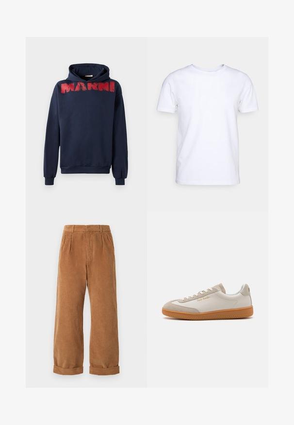 Marineblaue Kapuzenjacke aus Baumwolle, mit einem roten Pinselstrich-Print des Wortes "MARNI" über der Brust, in einer lockeren Passform und mit Kängurutasche.; Weißes T-Shirt mit kurzen Ärmeln aus Baumwollstoff und rundem Halsausschnitt. Schlichtes Design ohne Muster oder Akzente. Glatte Textur.; Braune Cordhosen mit einem weit geschnittenen Design, ausgestattet mit vorderen Falten und aufgerollten Säumen. Der Stoff hat ein strukturiertes, geripptes Aussehen.; Weiße und beigefarbene Low-Top-Sneaker mit Gummisohle, weißen Schnürsenkeln, Wildleder-Details und goldenem "Paul Smith"-Logo an der Seite.