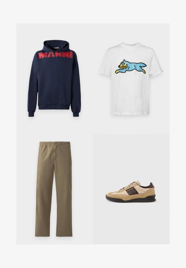 Sweat à capuche bleu marine en coton, avec une impression en coup de pinceau rouge du mot "MARNI" sur la poitrine, coupe décontractée et poche kangourou.; T-shirt en coton blanc avec un chat de style cartoon bleu, ayant un visage jaune et des dents acérées, positionné en posture de saut.; Pantalons kaki en tissu léger. Dotés d'une taille élastique, d'une fermeture à boutons, de jambes droites et d'une texture lisse.; Baskets en suède beige avec un panneau texturé marron, un talon marron contrastant et des lacets multicolores. Caractérisées par une semelle en caoutchouc noire et un logo doré.