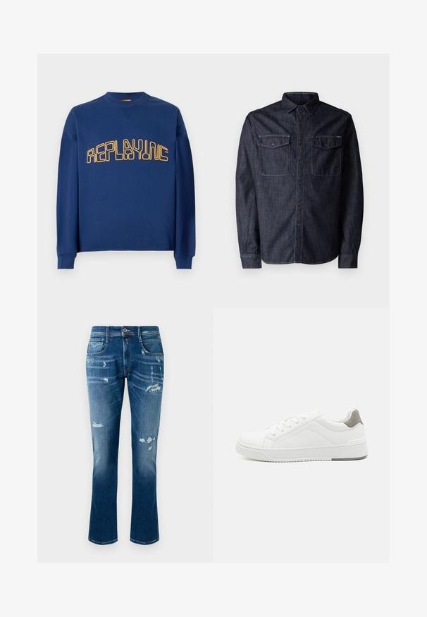 Navyblauer Rundhalsausschnitt-Pullover mit langen Ärmeln und gelbem, stilisiertem "REPLAYINC"-Text auf der Brust.; Replay Hemd - dark blue; Blaue Jeans aus Denim mit geradem Bein, abgeriebenen Details, fransigen Patches und klassischem Fünf-Taschen-Design.; Weißer Sneaker aus glattem Leder, runde Zehenpartie, minimalistisches Design, graue Fersenkante und strukturierte Gummisohle.