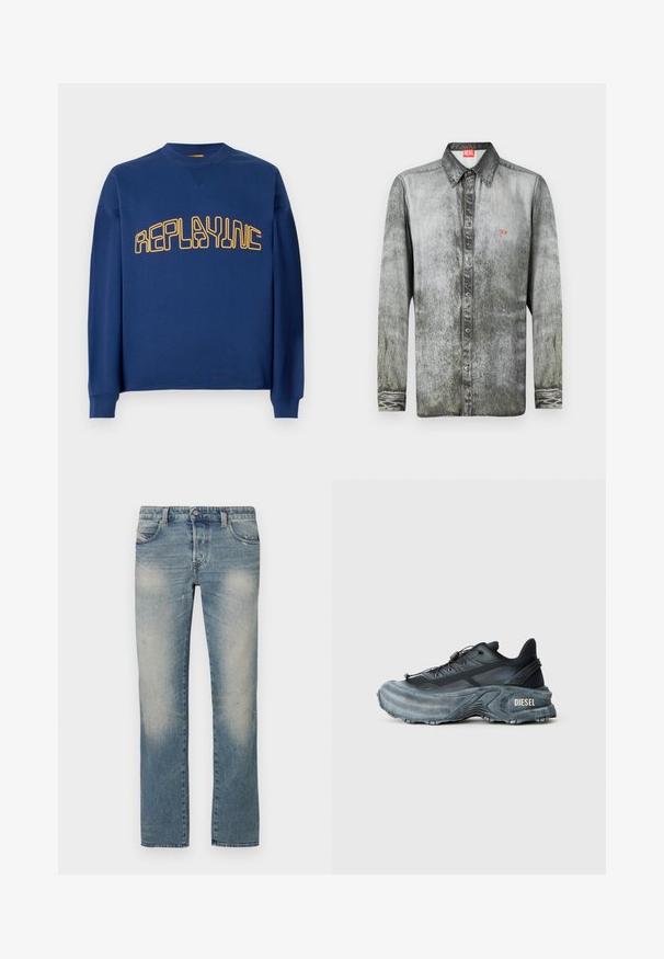 Sudadera de cuello redondo en azul marino con mangas largas y texto estilizado en amarillo "REPLAYINC" en el pecho.; Camisa de manga larga en denim gris desgastado con cuello abotonado, que presenta un pequeño logotipo rojo en el pecho y una tela texturizada.; Vaqueros de corte recto en denim azul claro con zonas desgastadas, cinco bolsillos y cierre de botón. La tela muestra un leve desgaste y marcas de uso.; Zapatilla Diesel en negro y gris con suela gruesa, cierre de cordón y diseño texturizado sobre un fondo liso de color gris claro.
