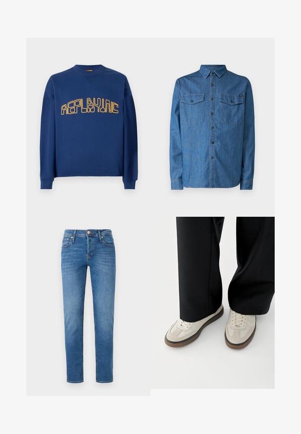 Navyblauer Rundhalsausschnitt-Pullover mit langen Ärmeln und gelbem, stilisiertem "REPLAYINC"-Text auf der Brust.; Denimhemd in mittlerem Blau, langärmlig, mit Knopfverschluss, zwei Brusttaschen und einem Kragen. Mit einem Logo auf der Vorderseite.; Blaue Denim-Jeans mit schlankem Schnitt, Fünf-Taschen-Stil, Knopfverschluss vorne und leichtem Verblassen an Oberschenkeln und Knien.; Füße mit beigen Sneakers mit braunen Sohlen und schwarzen Hosen mit weitem Bein auf weißem Hintergrund.