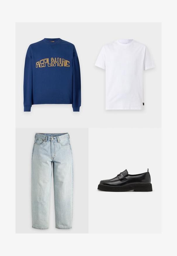 Marineblauwe crewneck sweatshirt met lange mouwen en geel gestileerde tekst "REPLAYINC" over de borst.; Effen wit T-shirt met korte mouwen en een ronde hals met een klein zwart onderhoudsetiket aan de onderzoom op een lichtgrijze achtergrond.; Lichtblauwe denim jeans met een rechtBeen, vijf zakken en een knoopsluiting; heeft vervaagde gebieden en subtiele stikdetails.; Zwarte leren instapschoenen in loafer-stijl, met een vlakke, gestructureerde zool, voorzien van een gestikte neus en een band over de wreef.