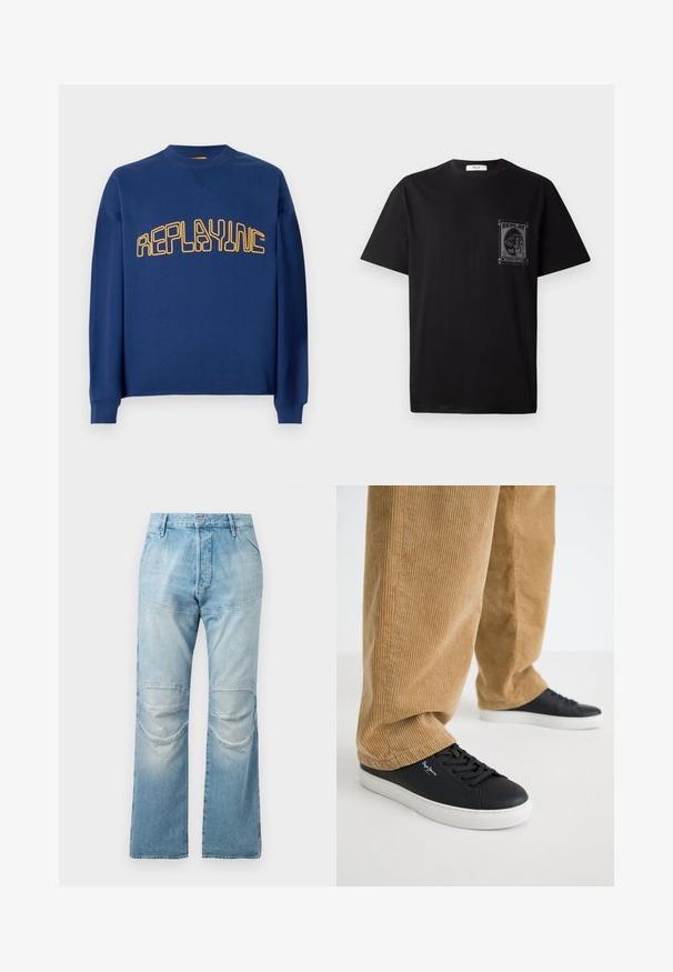 Navyblauer Rundhalsausschnitt-Pullover mit langen Ärmeln und gelbem, stilisiertem "REPLAYINC"-Text auf der Brust.; Schwarz Baumwoll-T-Shirt mit kurzen Ärmeln, ausgestattet mit einem grafischen Druck auf der linken Brust und einem kleinen roten Akzent am Halsauschnitt.; Helle blaue, hochgeschnittene Jeans mit geradem Schnitt, ausgestattet mit Knieflicken und einer ausgewaschenen Textur. Metallknopfverschluss an der Taille.; Schwarze Ledersneaker mit weißen Gummisohlen. Getragen mit beigen Cordhosen, die vertikale Rippungen und eine lockere Passform aufweisen.