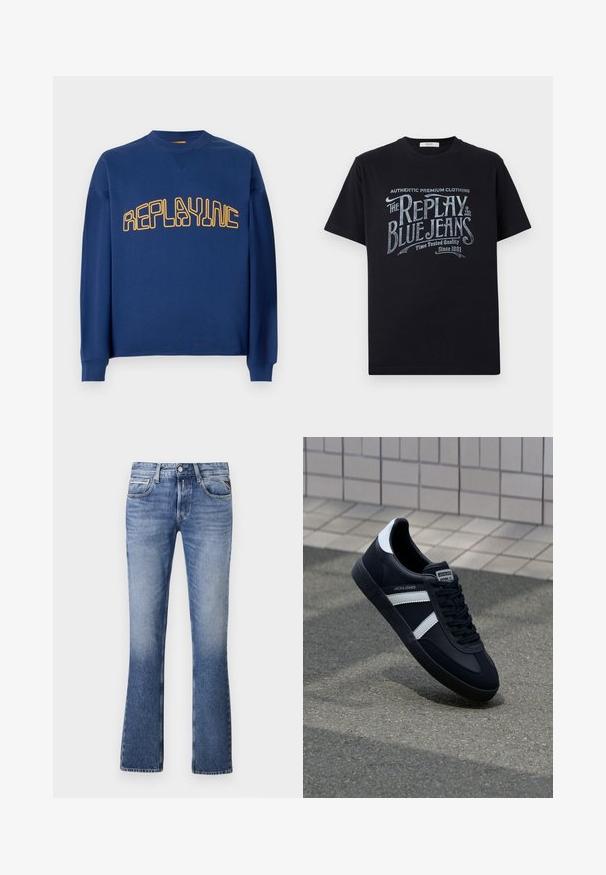 Sudadera de cuello redondo en azul marino con mangas largas y texto estilizado en amarillo "REPLAYINC" en el pecho.; Camiseta de algodón negra de manga corta y cuello redondo, con un diseño gráfico de texto en estilo vintage en blanco y azul claro en la parte frontal.; Vaqueros de mezclilla azul claro con un diseño de pierna acampanada, que cuentan con cinco bolsillos, un cierre delantero de botón y un ligero desgaste en toda la prenda.; Zapatilla de cuero negra con rayas blancas, suela de goma texturizada y parte frontal con cordones. Cuenta con una etiqueta de marca en la lengüeta.