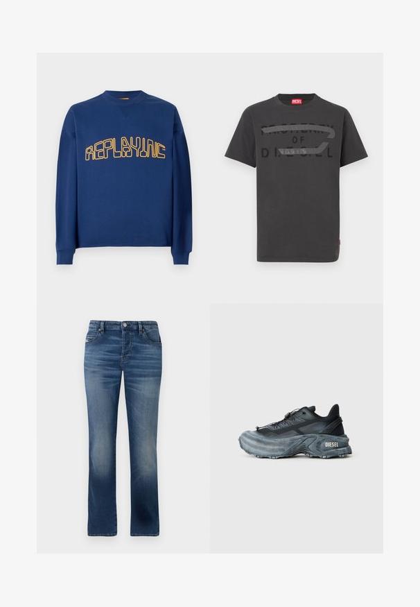 Navyblauer Rundhalsausschnitt-Pullover mit langen Ärmeln und gelbem, stilisiertem "REPLAYINC"-Text auf der Brust.; Graues Baumwoll-T-Shirt mit fettem schwarzem Text "PROPERTY OF D.I.E.S.E.L.", glatter Textur und kurzen Ärmeln.; Dunkelblaue Jeans aus Denim mit geradem Bein, ausgestattet mit Fronttaschen, dezentem Verblassen und einem klassischen Knopfverschluss an der Taille.; Schwarz- und graue Diesel-Sneaker mit dicker Sohle, Schnürverschluss und strukturiertem Design auf einem schlichten hellgrauen Hintergrund.