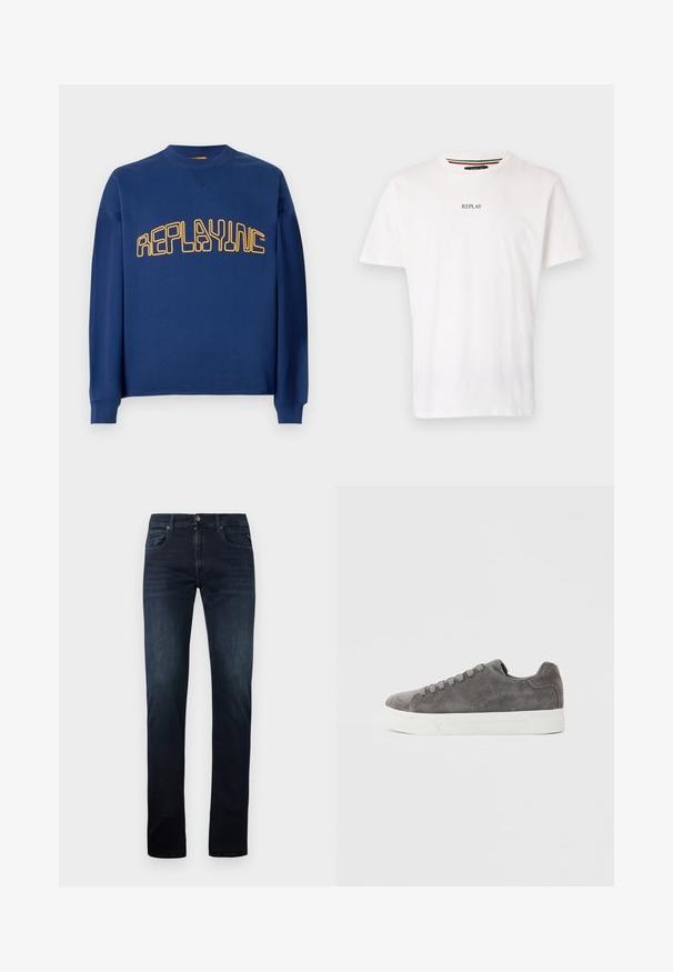 Mørkeblå crewneck sweatshirt med lange ærmer og gul stiliseret "REPLAYINC" tekst på brystet.; Hvid bomulds t-shirt med v-hals, korte ærmer, og en lille "REPLAY" trykt på brystet. Glat tekstur, afslappet pasform.; Mørkeblå denim jeans med lige ben, som har en frontlukkefunktion med knap, fem lommer og let udtværing langs lårene.; Grå ruskinds-lavtop-sneaker med hvid gummisål og matchende grå snørebånd, vist fra siden mod en ensfarvet baggrund.