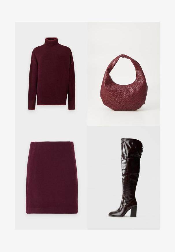 Pullove turtleneck bordeaux avec col et poignets côtelés, en texture douce, présentant des épaules tombantes et une coupe décontractée.; Vero Moda VMFORTUNALLISON SHORT - Jupe trapèze - winetasting; Bottes en cuir bordeaux glacé montant jusqu'au genou, avec un bout carré et un talon bloc, présentant un design ample et des détails de couture minimalistes.; Sac à main tissé bordeaux avec une silhouette arrondie, une seule poignée et une finition texturée. Fermeture zippée en haut.