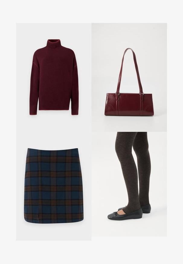 Burgunderrød rullekrave sweater med ribbet krave og manchetter, lavet af blødt materiale, med sænkede skuldre og en afslappet pasform.; Marineblåternet mini nederdel med brune og grå striber, lavet af et glat stof, med en diskret slids bagpå for let bevægelse.; Ben iført mørke ribbede leggings kombineret med sorte balletsko med små sløjfedetaljer på hvid baggrund.; Bordeaux håndtaske lavet af glansfuldt materiale, rektangulær form, med to skulderremme og subtile buede detaljer på forsiden.