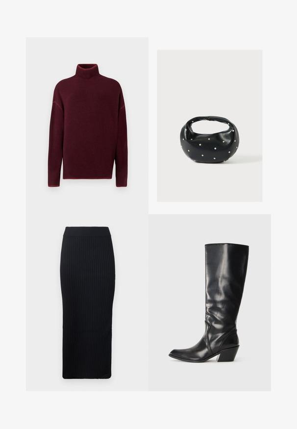 Burgunderrød rullekrave sweater med ribbet krave og manchetter, lavet af blødt materiale, med sænkede skuldre og en afslappet pasform.; Sort ribbet midinederdel med tætsiddende silhuet, bred talje og struktureret stof. Glat finish uden synlige mønstre eller detaljer.; Sorte læder knæhøje støvler med spids tå, vinklet hæl og glat tekstur. Funktioner en subtil syning langs siden.; Sort læderhåndtaske med en rundet form, dekoreret med sølvnitter, og et kort håndtag. Glat tekstur og lynlåslukning.