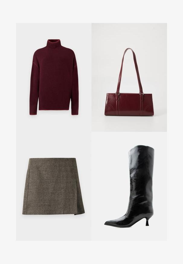Burgunderrød rullekrave sweater med ribbet krave og manchetter, lavet af blødt materiale, med sænkede skuldre og en afslappet pasform.; Brun og grå plaid mini nederdel med subtilt sidesnit, lige snit og tekstureret stof.; Sort skinnende knæhøj læderstøvle med spids tå og lav buet hæl på en ensfarvet lys baggrund.; Bordeaux håndtaske lavet af glansfuldt materiale, rektangulær form, med to skulderremme og subtile buede detaljer på forsiden.