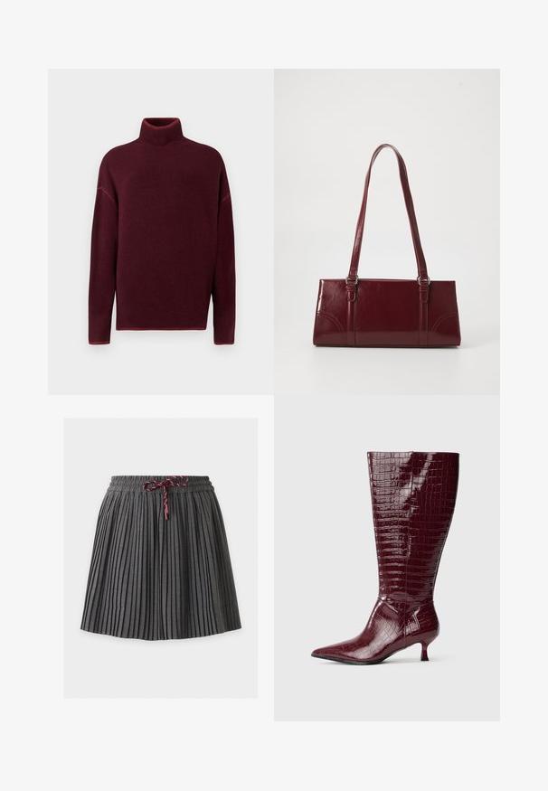 Pullove turtleneck bordeaux avec col et poignets côtelés, en texture douce, présentant des épaules tombantes et une coupe décontractée.; Jupe plissée gris foncé avec une taille élastique et un cordon bordeaux noué au centre devant.; Bottes hauteur genou en cuir verni bordeaux à texture crocodile, bout pointu et talon bloc bas, présentant un design élégant et ajusté.; Sac à main bordeaux en matériau brillant, de forme rectangulaire, avec deux anses et des accents légèrement courbés à l'avant.