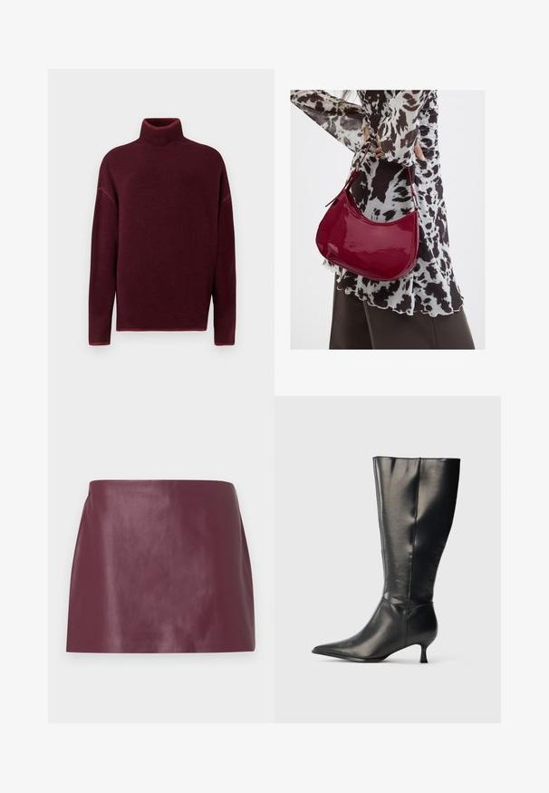 Burgunderrød rullekrave sweater med ribbet krave og manchetter, lavet af blødt materiale, med sænkede skuldre og en afslappet pasform.; Miniskirt i glat burgunderlæder med lige snit og uden synlige dekorationer eller lukninger.; Sort knæhøj læderstøvle med spids tå og lav kittenhæl, vist på en enkel lys baggrund.; Kvinde iført en sort- og hvidmønstret bluse, der holder en blank rød skuldertaske mod en ensfarvet baggrund.