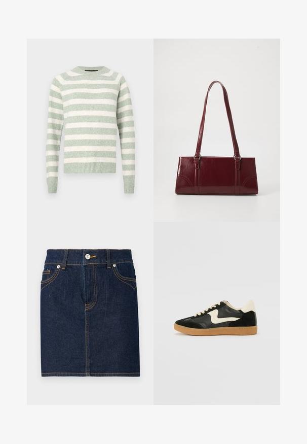 Pull rayé en vert doux et blanc. Tissu tricoté avec un col rond et des poignets côtelés. Coupe décontractée. Rayures horizontales régulièrement espacées.; Jupe en denim bleu foncé avec des coutures visibles, design à cinq poches et fermeture par bouton à l'avant. Coupe droite avec un ourlet net.; Baskets en daim et cuir noir avec un swoosh latéral crème et un talon crème clair. Dotées de lacets beige et d'une semelle en caoutchouc gomme.; Sac à main bordeaux en matériau brillant, de forme rectangulaire, avec deux anses et des accents légèrement courbés à l'avant.